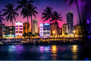 Miami South Beach skyline and palm trees at night