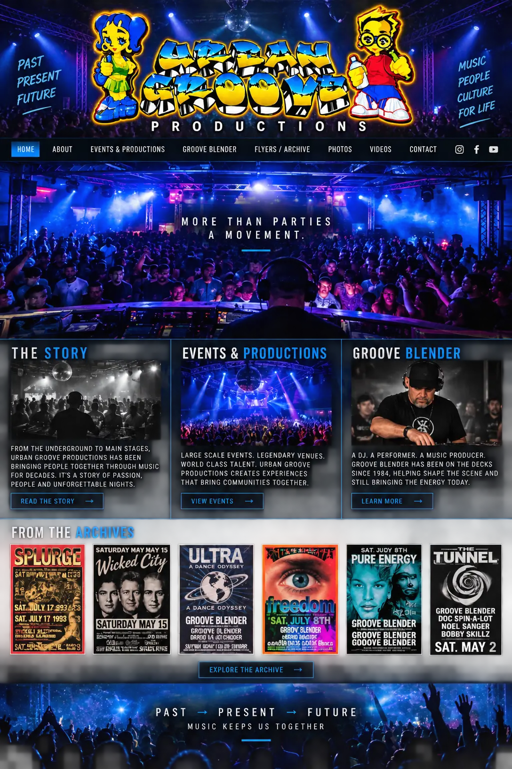 Urban Groove Productions homepage with neon club imagery and sections for the story, events and productions, and Groove Blender